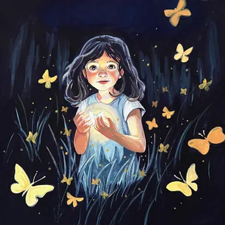 Girl holding glowing orb with butterflies flying around her at night