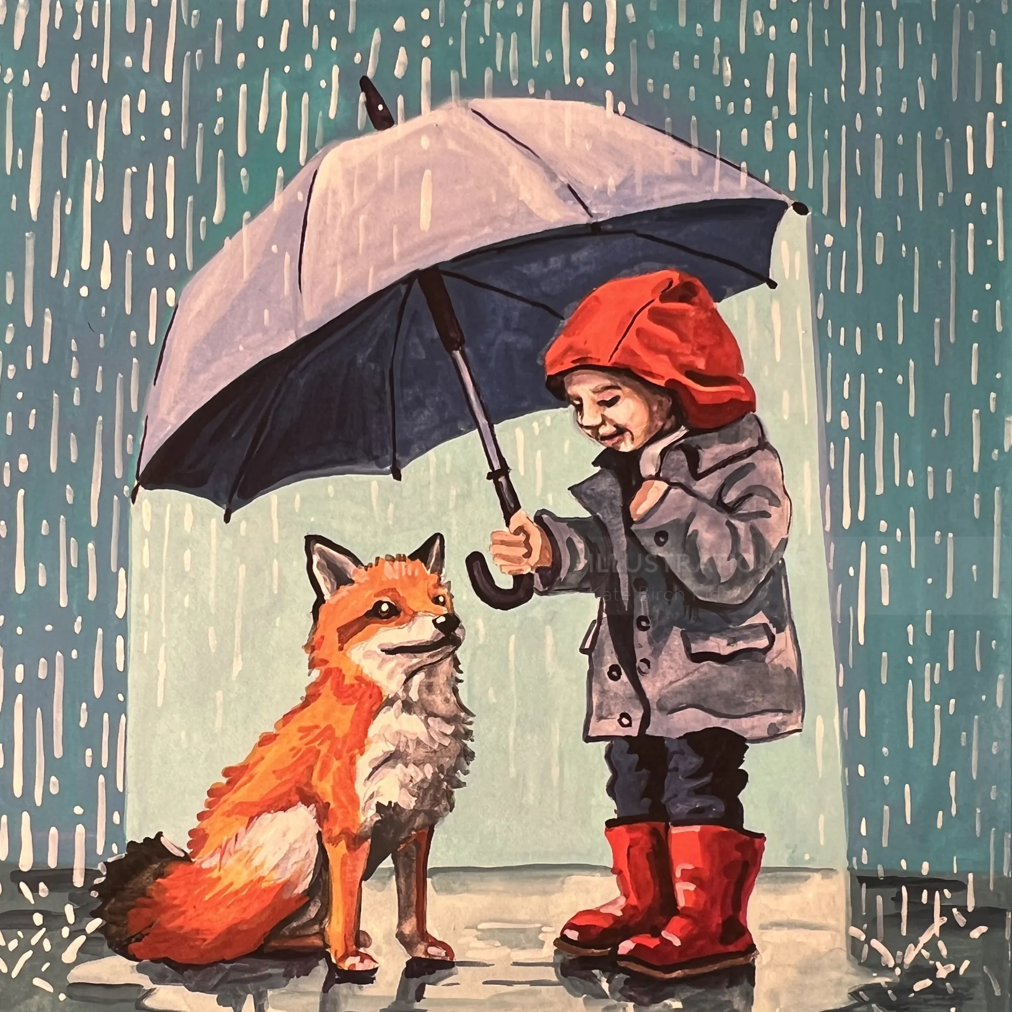 雨の中、キツネの上に傘を差しかける子供