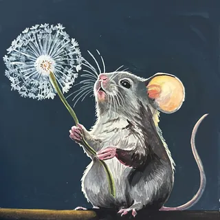 Cute mouse holding a dandelion puff on dark background