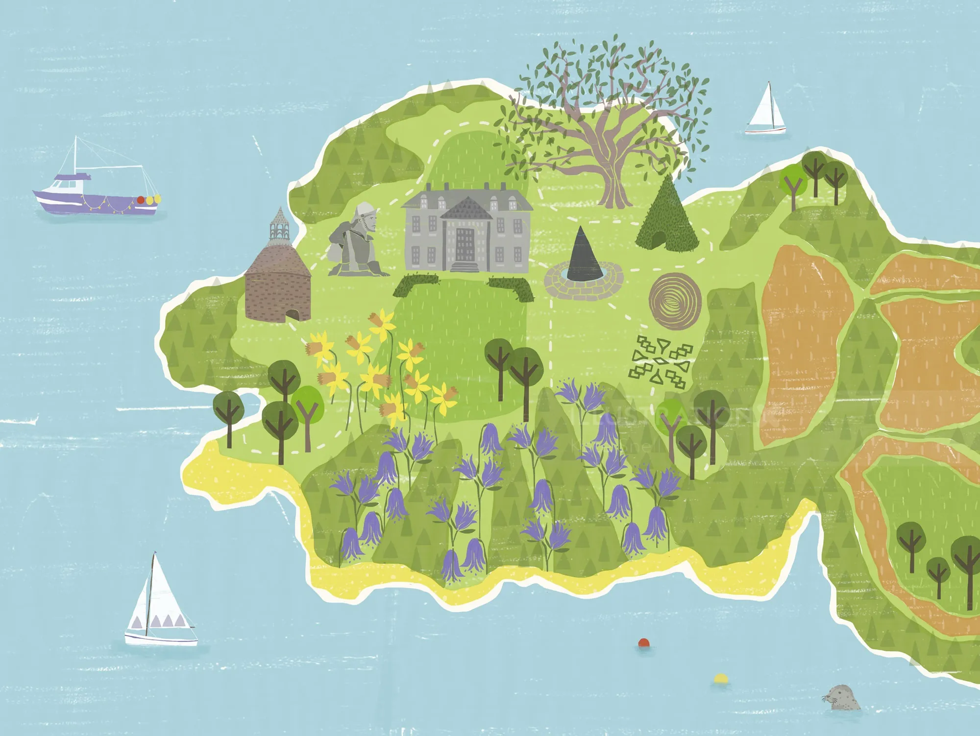 Illustrated coastal island map with buildings, trees, and boats by Kate Snell