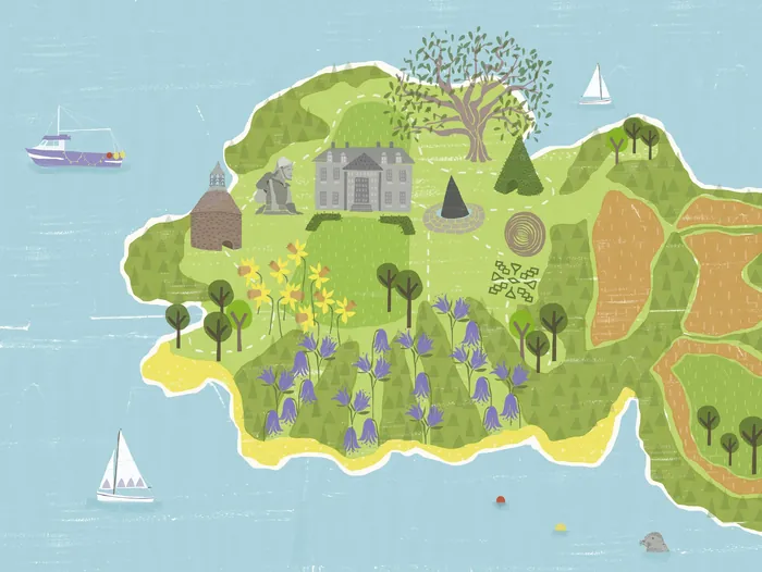 Illustrated coastal island map with buildings, trees, and boats by Kate Snell