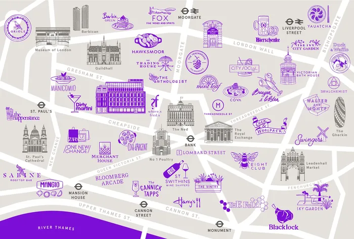 London landmarks and icons illustrated in purple and grey by Kate Snell