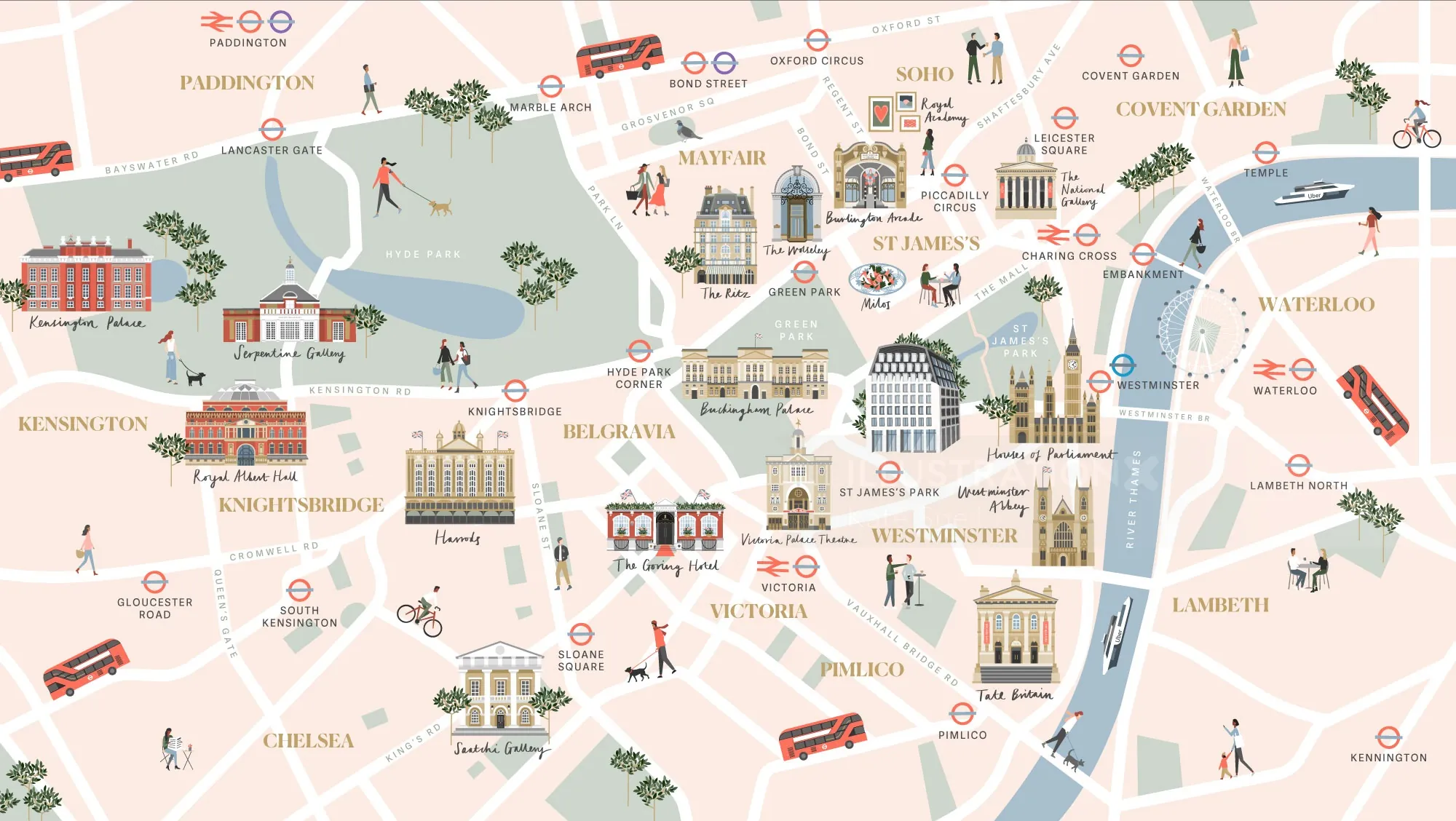 Illustrated Central London map with landmarks and streets by Kate Snell