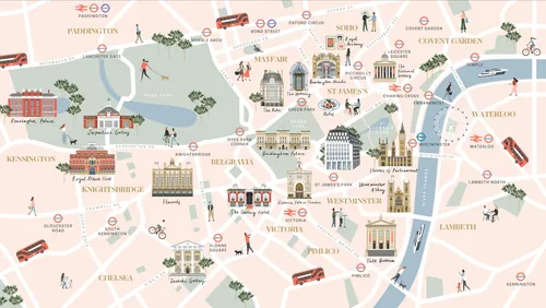 Illustrated Central London map with landmarks and streets by Kate Snell