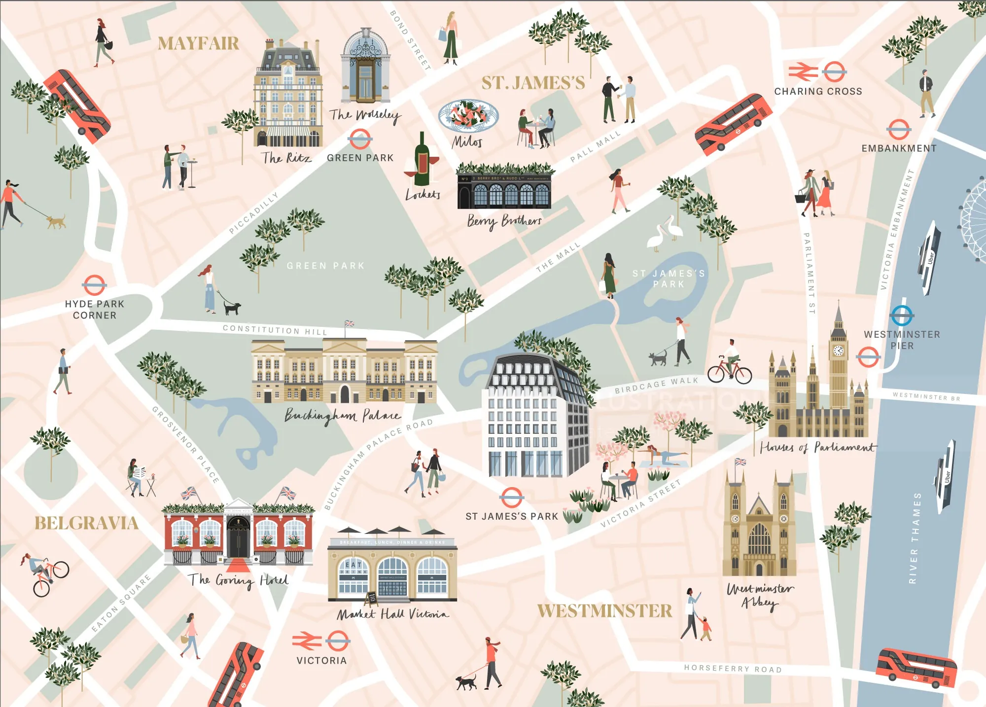 Illustrated map of central London with landmarks and transport stops by Kate Snell