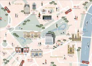 Illustrated map of central London with landmarks and transport stops by Kate Snell