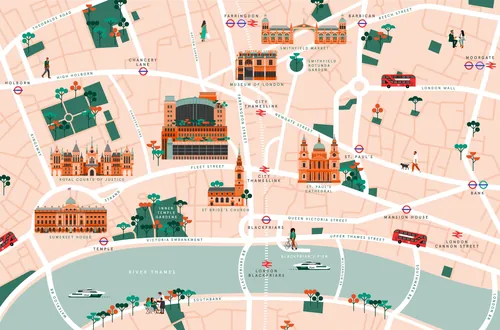 Illustrated map of London landmarks by the Thames with buildings and street details by Kate Snell