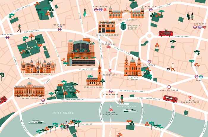 Illustrated map of London landmarks by the Thames with buildings and street details by Kate Snell