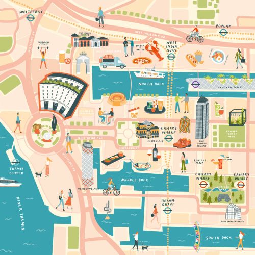 Colorful illustrated map of Canary Wharf London by Kate Snell