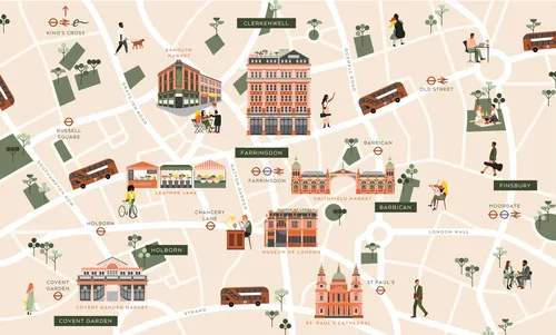 Colorful city map illustration with buildings and people by Kate Snell