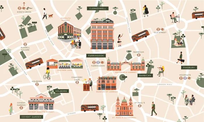 Colorful city map illustration with buildings and people by Kate Snell