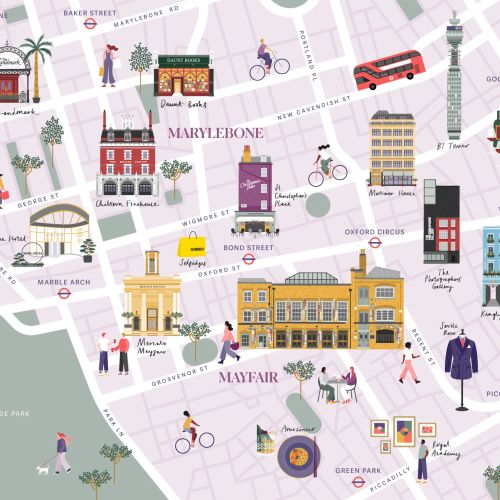 Illustrated map of London neighborhoods with landmarks and people by Kate Snell