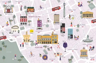 Illustrated map of London neighborhoods with landmarks and people by Kate Snell