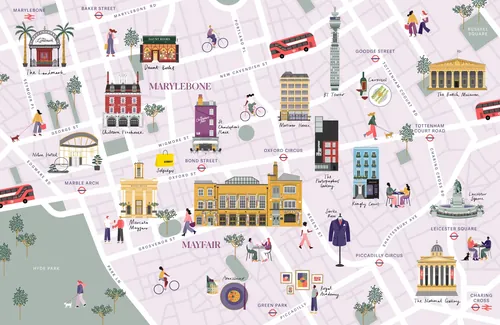Illustrated map of London neighborhoods with landmarks and people by Kate Snell