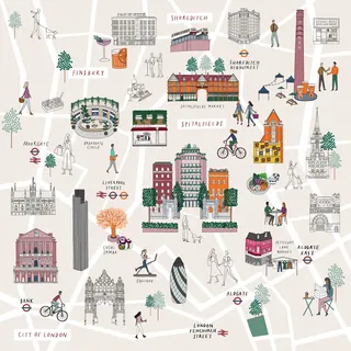 Illustrated map of London landmarks and neighborhoods by Kate Snell
