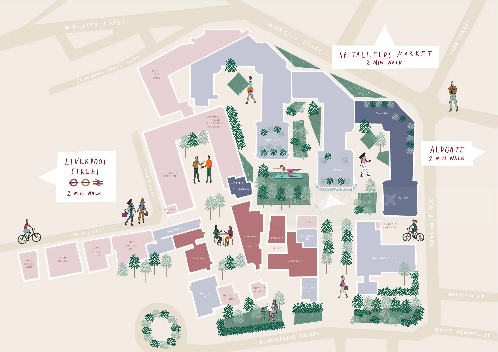 Illustrated market map with people and trees by Kate Snell