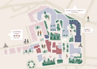 Illustrated market map with people and trees by Kate Snell