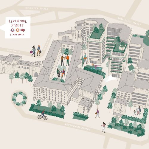 Isometric urban block map illustration with people and greenery by Kate Snell