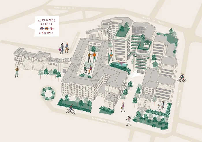 Isometric urban block map illustration with people and greenery by Kate Snell