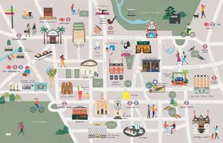 Illustrated London map with landmarks and people by Kate Snell