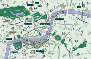 Detailed illustrated map of central London including Thames landmarks by Kate Snell
