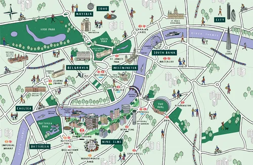 Detailed illustrated map of central London including Thames landmarks by Kate Snell