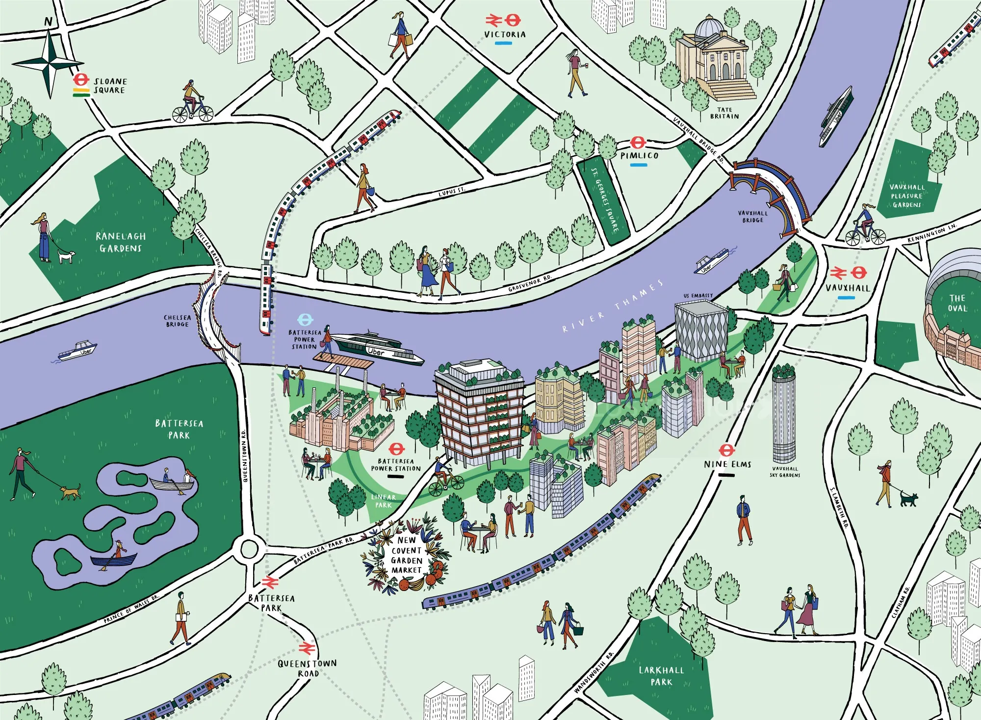 Illustrated city map showing river, bridges, buildings, and people by Kate Snell
