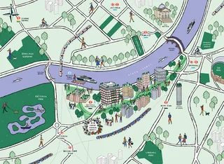 Illustrated city map showing river, bridges, buildings, and people by Kate Snell