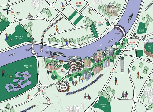 Illustrated city map showing river, bridges, buildings, and people by Kate Snell