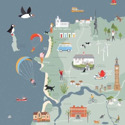 Illustrated map of Devon with landmarks, wildlife, and local activities by Kate Snell