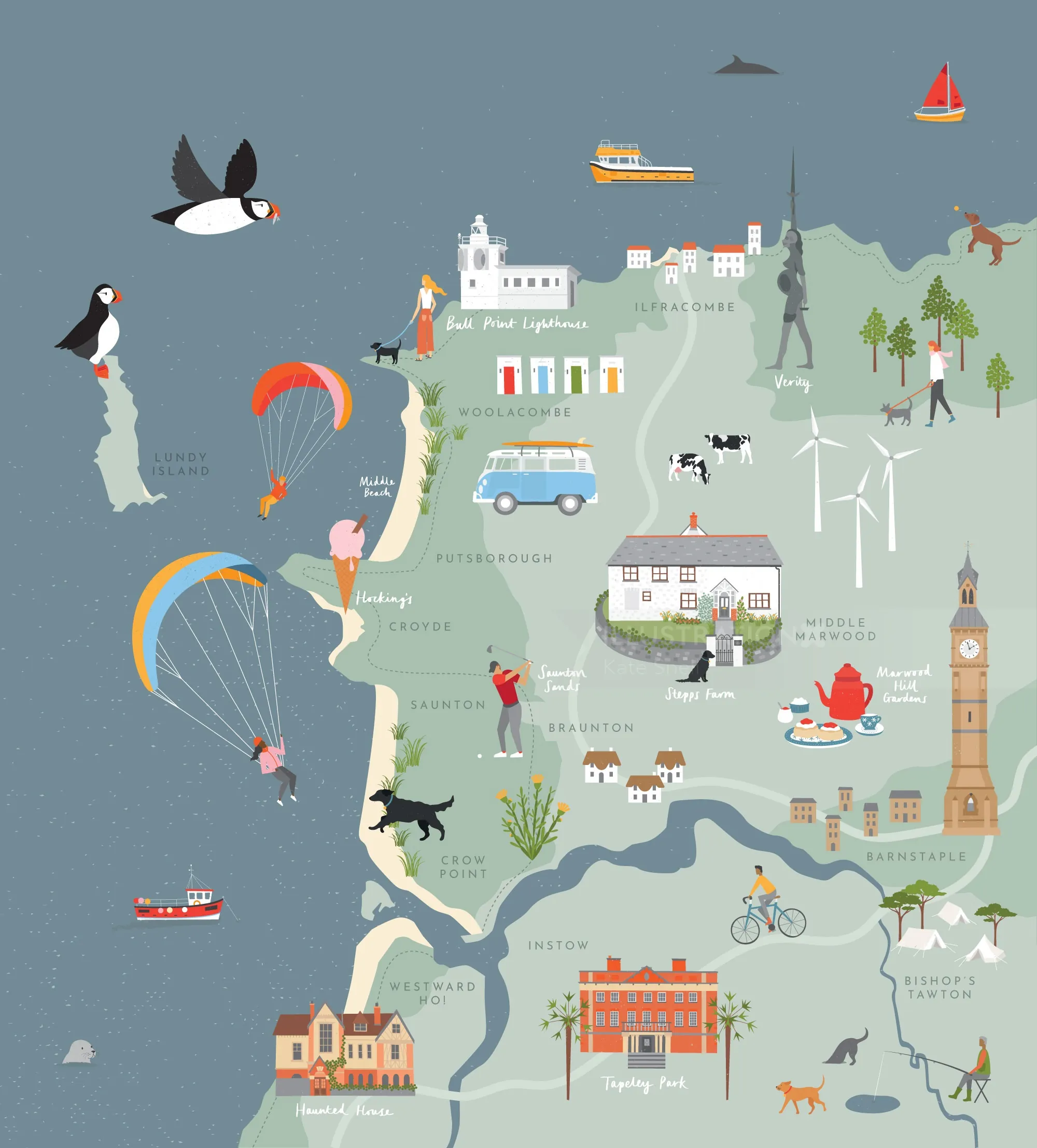 Illustrated map of Devon with landmarks, wildlife, and local activities by Kate Snell