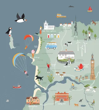 Illustrated map of Devon with landmarks, wildlife, and local activities by Kate Snell