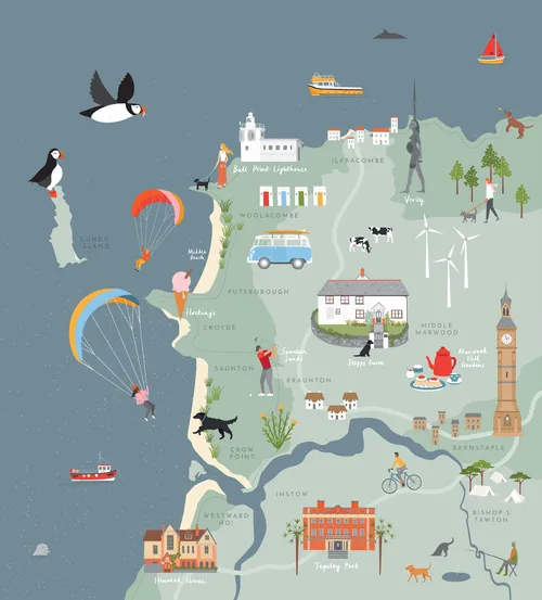 Illustrated map of Devon with landmarks, wildlife, and local activities by Kate Snell