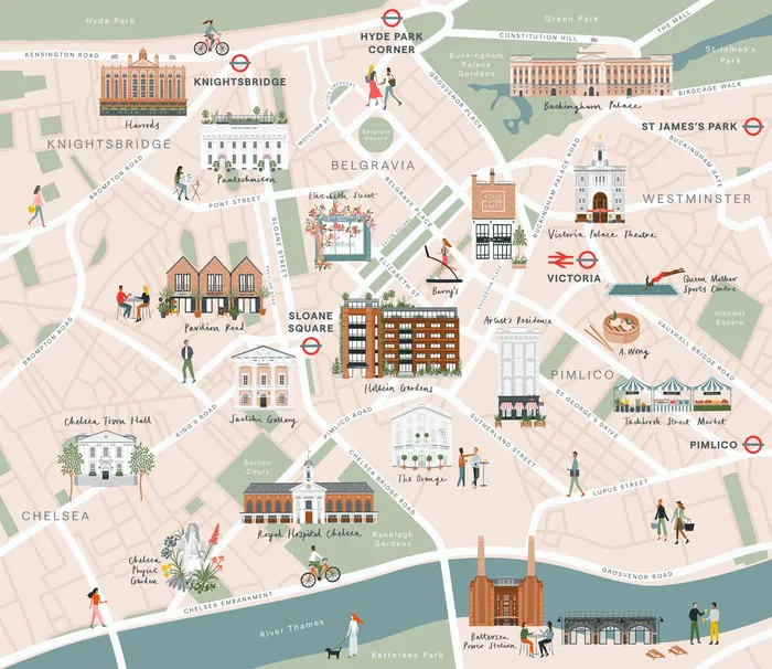 Colorful illustrated map of Central London with landmarks by Kate Snell