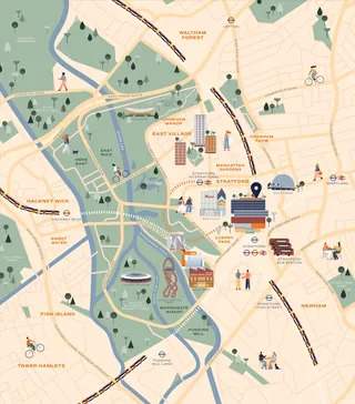 Illustrated map of Stratford city with landmarks and transportation, by Kate Snell