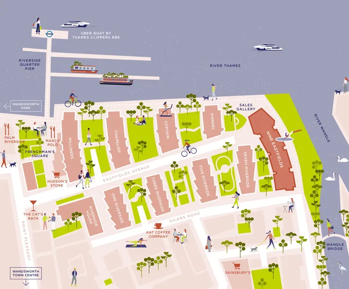 Illustrated map of riverside area with buildings and boats by Kate Snell