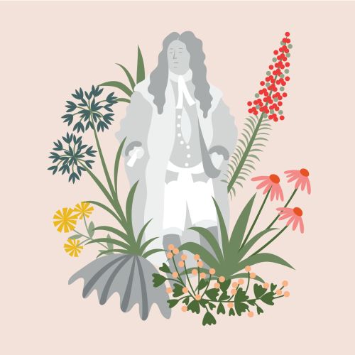 Illustration of historical figure among colorful flowers by Kate Snell