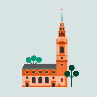 Minimalist church building with steeple and trees illustration by Kate Snell