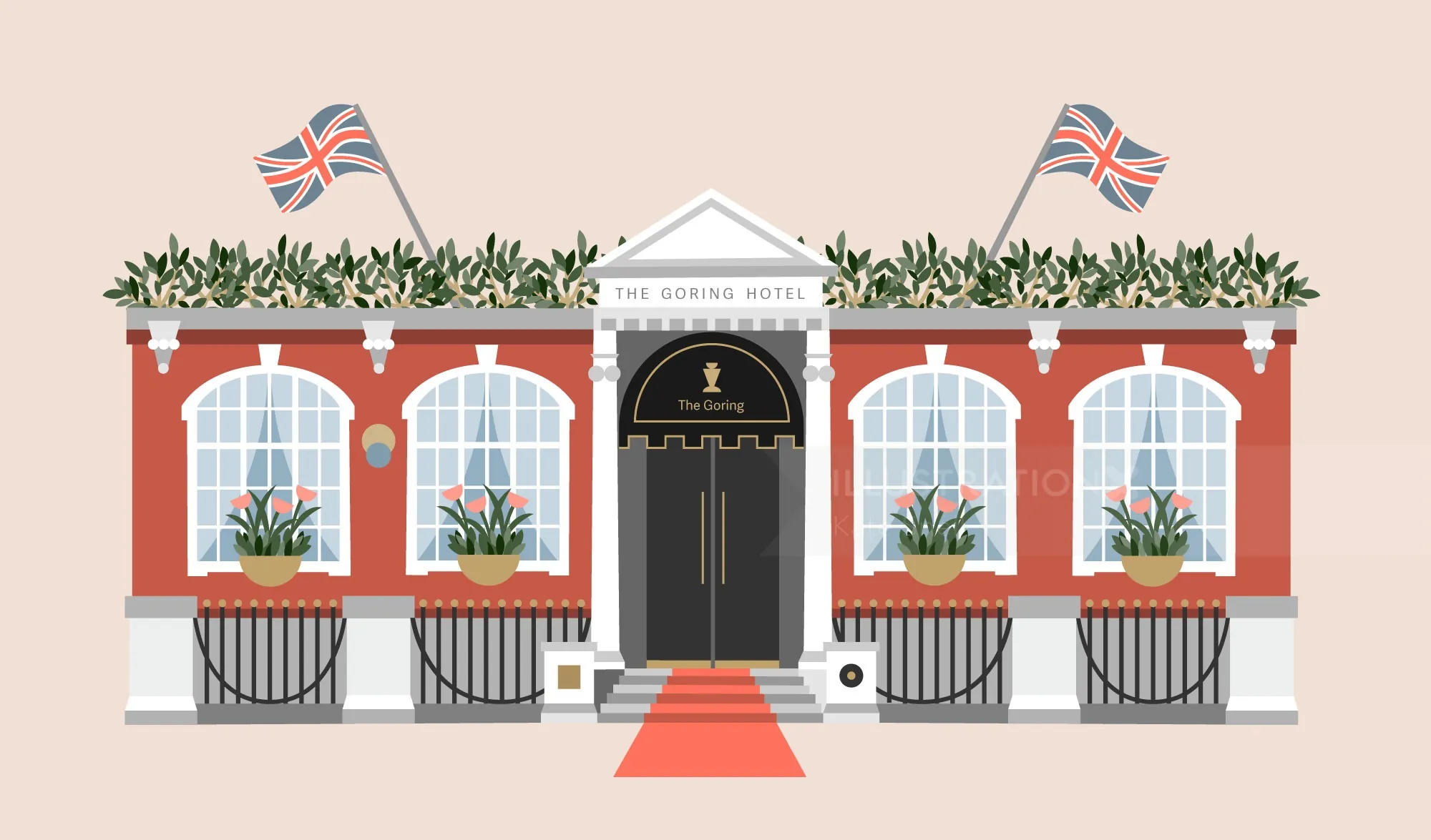 The Churchill Arms pub facade illustration by Kate Snell with Union Jack flags