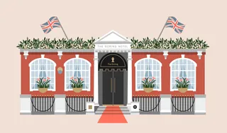 The Churchill Arms pub facade illustration by Kate Snell with Union Jack flags