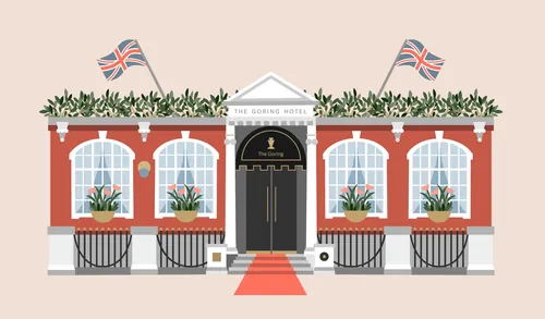 The Churchill Arms pub facade illustration by Kate Snell with Union Jack flags