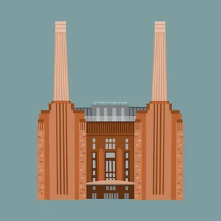 Digital illustration of Battersea Power Station with chimneys by Kate Snell