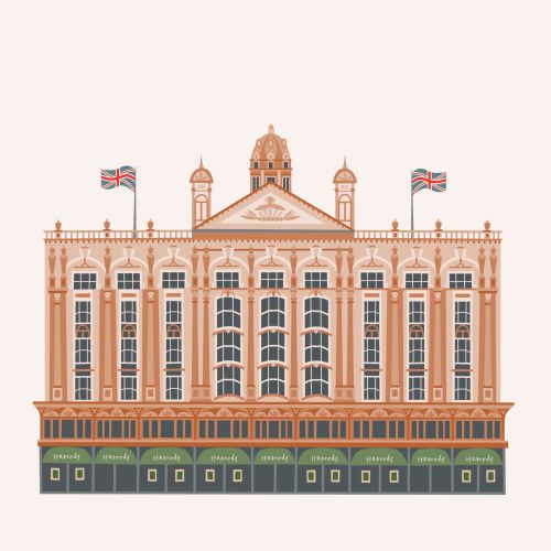Illustration of historic London building with UK flags by Kate Snell