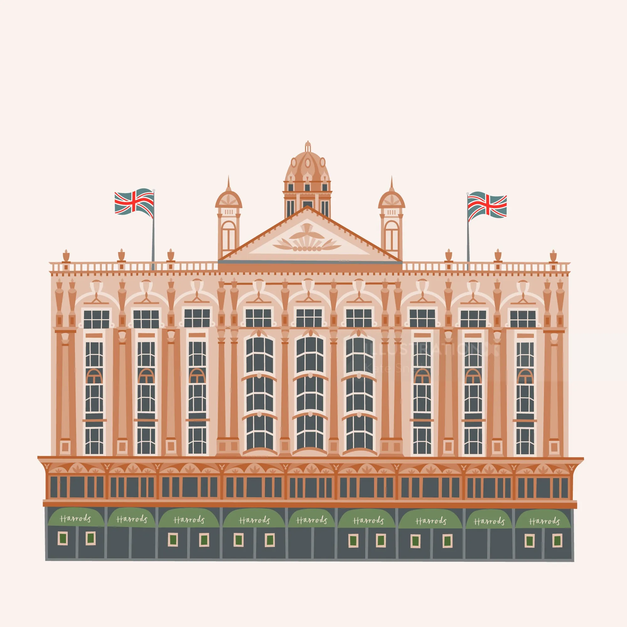 Illustration of historic London building with UK flags by Kate Snell
