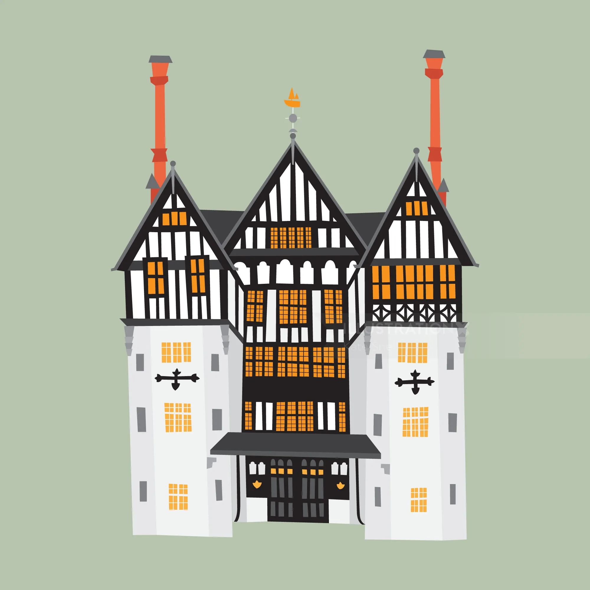 Tudor-style building with three towers and orange windows, by Kate Snell