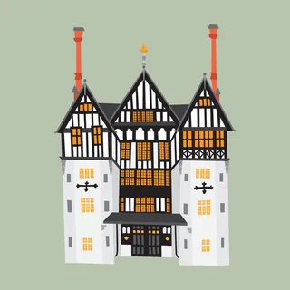 Tudor-style building with three towers and orange windows, by Kate Snell