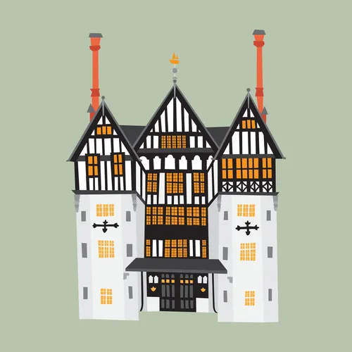 Tudor-style building with three towers and orange windows, by Kate Snell