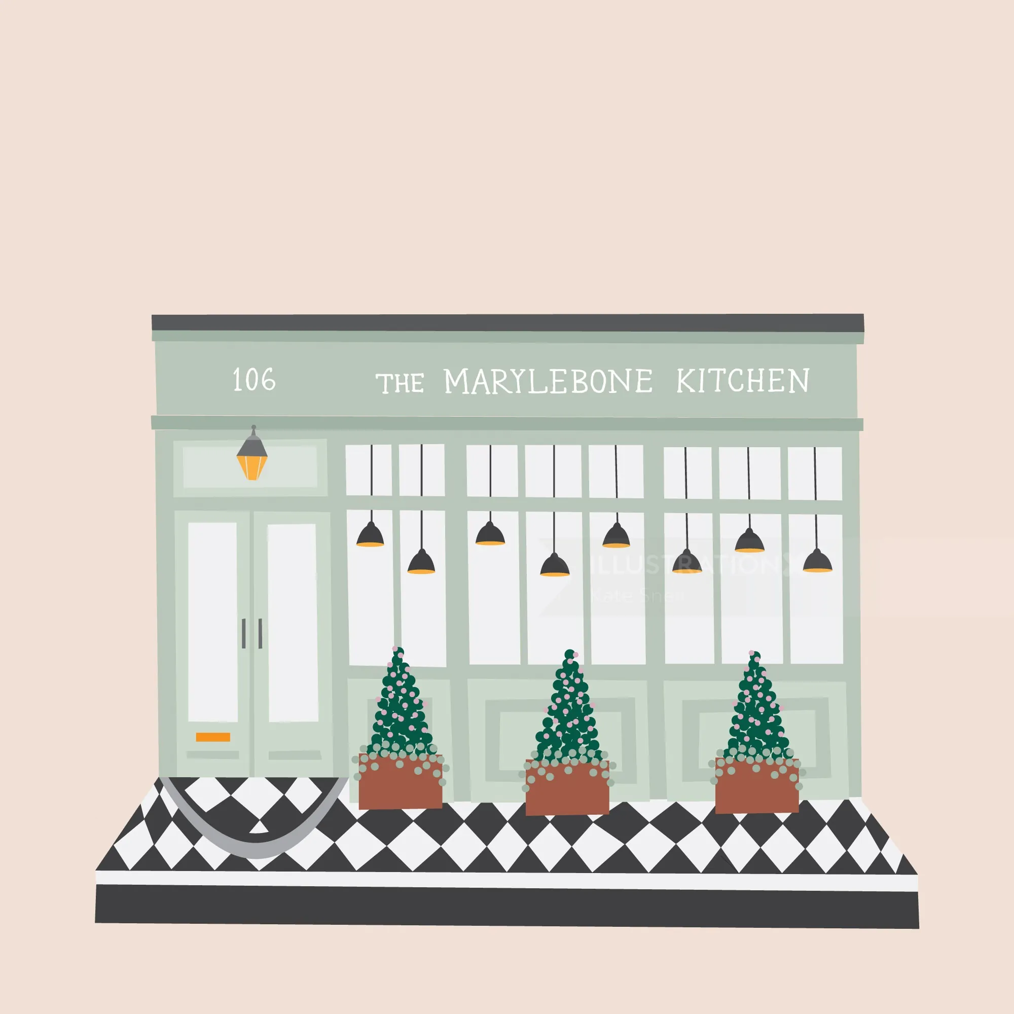 Exterior illustration of The Marylebone Kitchen by Kate Snell with potted plants and lamps