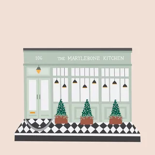 Exterior illustration of The Marylebone Kitchen by Kate Snell with potted plants and lamps