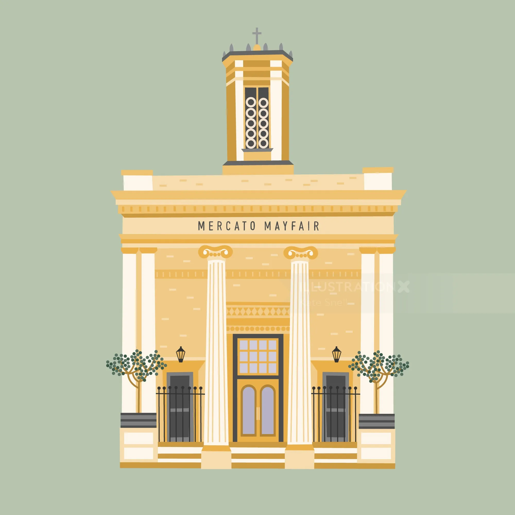 Mercato Mayfair building illustration by Kate Snell featuring classical columns
